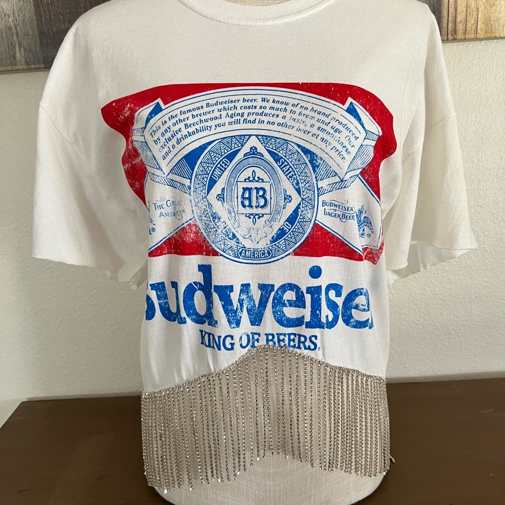 Budweiser Red and Blue Graphic Tee with Fringe